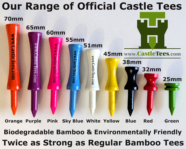 Yellow Castle Tees – 40 x 45mm 1 ¾ inch Yellow Premium Bamboo Golf Tees in a Biodegradable Resealable Bag