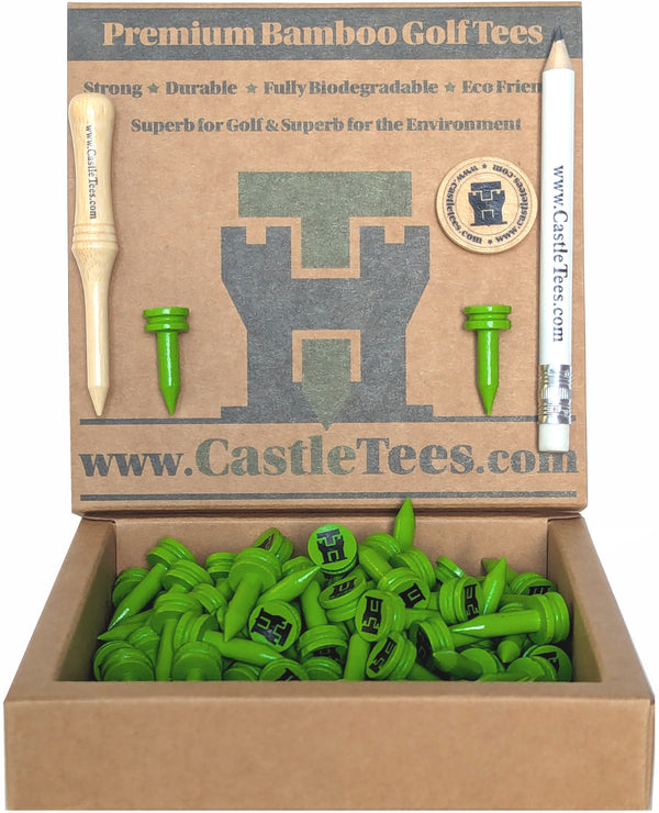 Green Castle Tees – 40 x 25mm 1 inch Green Premium Bamboo Golf Tees in a Biodegradable Resealable Bag
