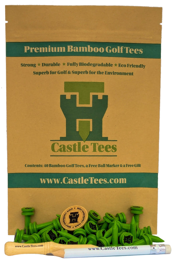 Green Castle Tees – 40 x 25mm 1 inch Green Premium Bamboo Golf Tees in a Biodegradable Resealable Bag