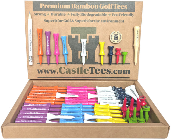 Mixed Castle Tees Bag – 64 pcs Mixed Size Premium Bamboo Castle Golf Tees
