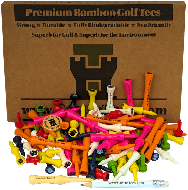 Mixed Castle Tees Box – 90 pcs Mixed Size Premium Bamboo Castle Golf Tees in a Box