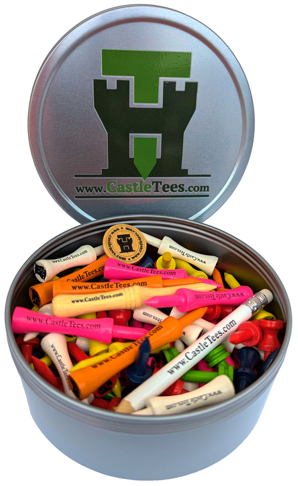 Mixed Castle Tees Tin – 72 pcs Mixed Size Premium Bamboo Castle Golf Tees in a Tin