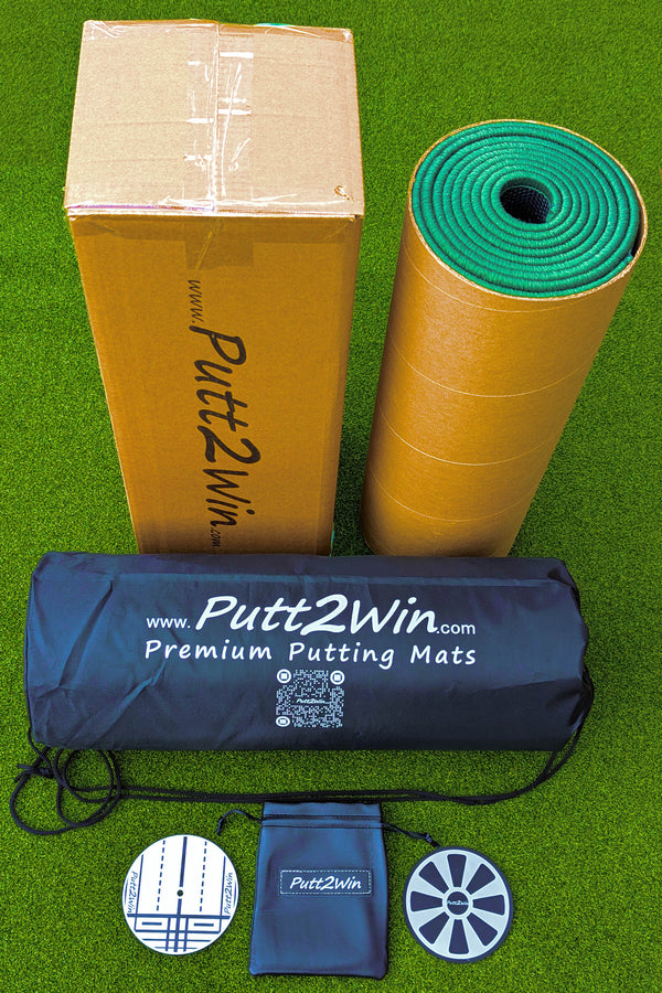 Putt2Win Training Putting Practice Mat is a Quality Technical Training Mat Designed in the UK to Help Golfers of all Ages and Skill Levels to Improve their Putting. Great Golf Gift.