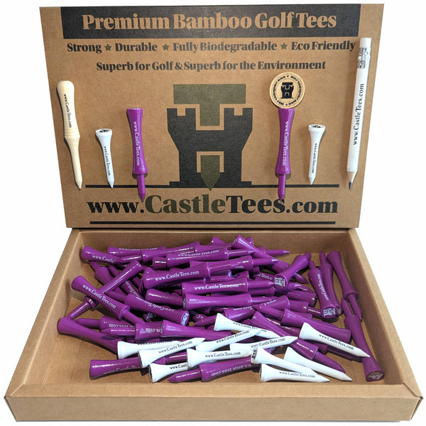 Purple Castle Tees – 50 x 65mm Purple Premium Bamboo Golf Tees in a Biodegradable Kraft Box