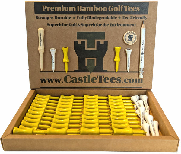 Yellow Castle Tees – 50 x 45mm 1 ¾ inch Yellow Premium Bamboo Golf Tees