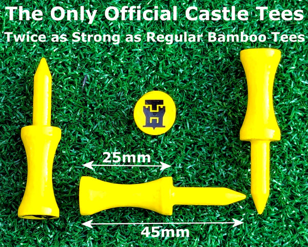Yellow Castle Tees – 50 x 45mm 1 ¾ inch Yellow Premium Bamboo Golf Tees