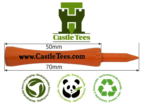 Orange Castle Tees – 50 x 70mm 2 ¾ inches Orange Premium Bamboo Golf Tees in a Biodegradable Kraft Box